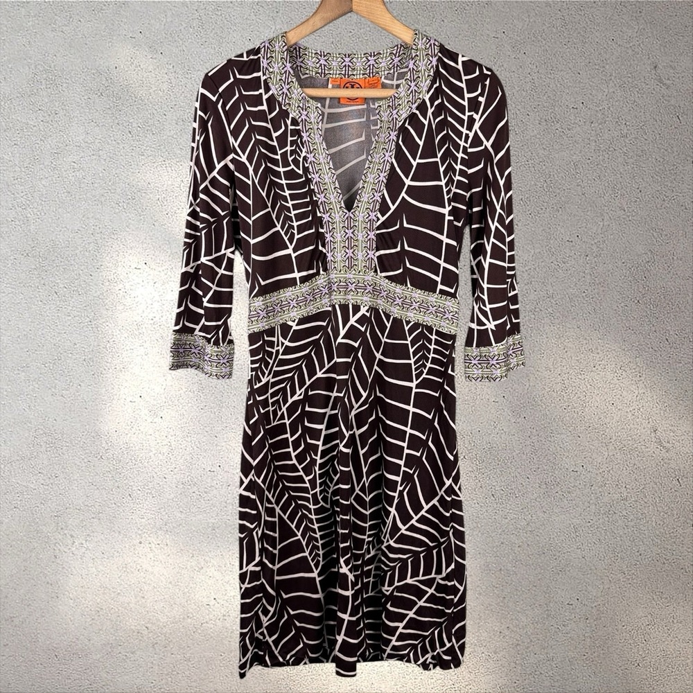Tory Burch Brown White Abstract Banana Leaf Print Silk Dress V-Neck 3/4 Sleeve M
